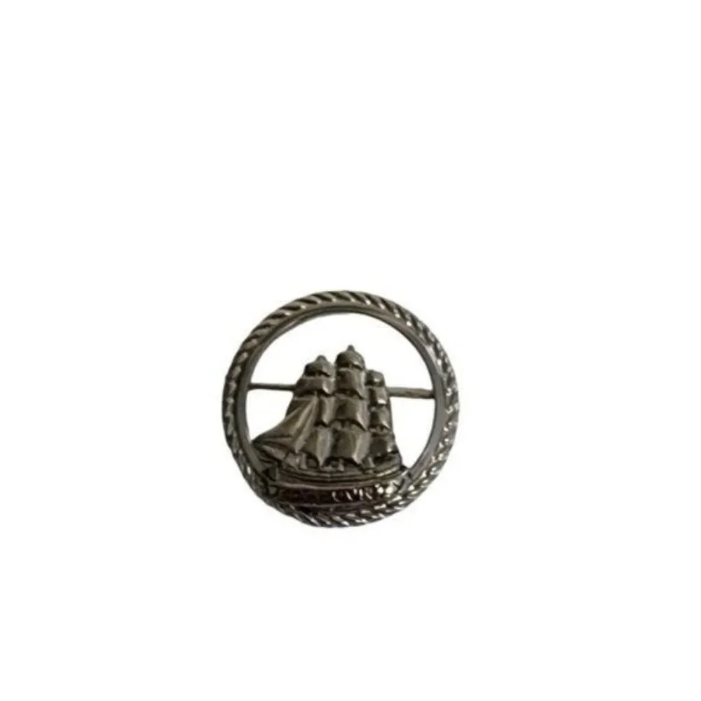 Vintage Silver Tone Round The Bounty Ship Boat signed MGM Brooch‎ Pin